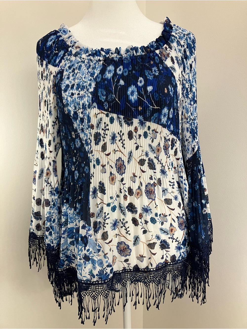 Spense Boho Floral Tunic Blouse, White and Blue with Navy Fringe Details